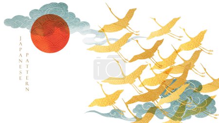 Illustration for Gold crane birds element with hand drawn chinese cloud with Japanese pattern vector. Oriental decoration with Flyer, banner or presentation in vintage style. Watercolor texture with geometric icons - Royalty Free Image