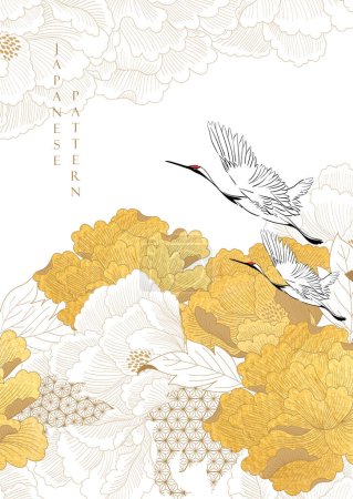 Téléchargez les illustrations : Décorations chinoises de fleurs de pivoine avec texture aquarelle dorée dans un style vintage. Paysage artistique abstrait avec des oiseaux de grue avec des éléments de ligne dessinés à la main - en licence libre de droit