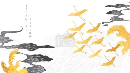 Illustration for Hand drawn chinese cloud with Japanese pattern vector.Oriental decoration with Crane birds element. Flyer, banner or presentation in vintage style. Gold and black atercolor texture with geometric icon - Royalty Free Image