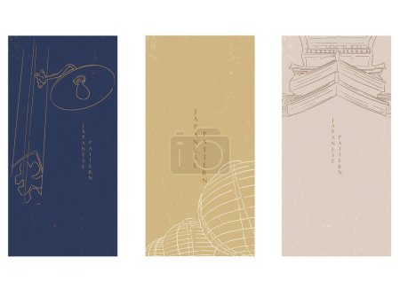Ilustración de Japanese greeting card design. Hand drawn line with light, lantern and shirne element in vintage style. - Imagen libre de derechos