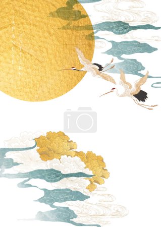 Gold sun and moon. Japanese background with floral pattern vector. Peony flower, hand drawn wave chinese cloud decorations in vintage style. Crane birds element with art abstract banner design