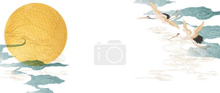 Téléchargez les illustrations : Japanese background with gold moon and sun with watercolor texture vector. Hand drawn wave, blue cloud and chinese element decorations in vintage style. Art abstract banner design in circle shape - en licence libre de droit