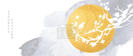 Illustration for Chinese grey cloud decorations with gold sun watercolor texture in vintage style. Abstract art landscape with cherry blossom branch element. - Royalty Free Image