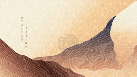 Abstract art template with curve pattern. Japanese background with colorful hand drawn line wave pattern vector. Mountain forest banner design in oriental style