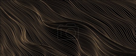Ilustración de Plantilla de arte abstracto negro con diseño de banner de patrón geométrico. Fondo japonés con vector de textura de línea de oro. Diseño de paisaje de montaña en estilo oriental. - Imagen libre de derechos
