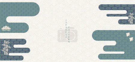 Illustration for Abstract art landscape with Asian traditional background elements. Cloud, wave icon and geometric pattern decorations with hand drawn line wave and Japanese cloud backdrop in vintage style. - Royalty Free Image