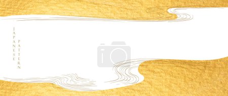 Illustration for Chinese wave decorations with gold watercolor texture in vintage style. Abstract art landscape ocean sea with hand drawn line elements - Royalty Free Image