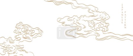 Illustration for Set of hand drawn cloud with Japanese pattern vector. Oriental decoration with logo design, flyer or presentation in vintage style. Fuji mountain, bamboo, bonsai tree element with geometric shape. - Royalty Free Image