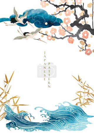 Crane birds vector. Japanese background with watercolor painting texture. Oriental natural wave and cloud pattern with ocean decoration banner design in vintage style. Bamboo and cherry blossom flower