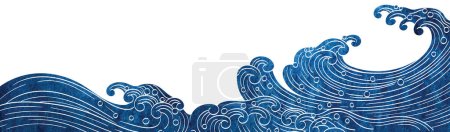 Téléchargez les illustrations : Texture de coup de pinceau bleu avec motif vague océan japonais dans un style vintage. Art abstrait paysage bannière design avec vecteur de texture aquarelle. Ligne dessinée main - en licence libre de droit