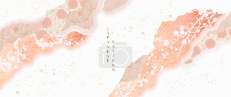Illustration for Abstract background with pink watercolor painting texture vector. Art acrylic element with Japanese wave pattern with floral element in oriental style. paper craft banner. - Royalty Free Image