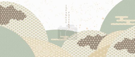 Ilustración de Fondo japonés con vector icono tradicional asiático. bosque de montaña y nubes, elementos de patrón de olas. Patrón geométrico en estilo vintage. Diseño de banner verde - Imagen libre de derechos