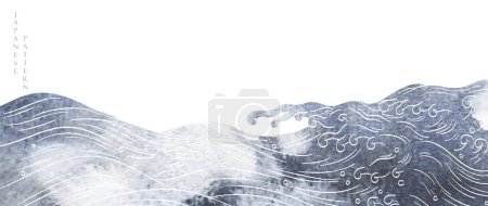 Grauer Pinselstrich mit japanischem Meereswellenmuster im Vintage-Stil. Schwarz-weiß abstrakte Kunst Landschaft Banner Design mit Aquarell Textur Vektor. Handgezeichnete Linie
