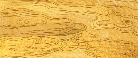 Gold brush stroke texture with Japanese ocean wave pattern in vintage style. Abstract art landscape banner design with watercolor texture vector. Marine concept