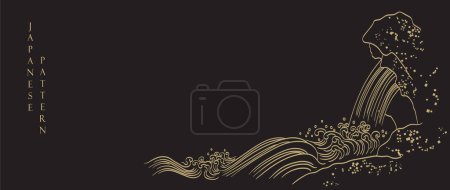 Japanese background with hand drawn line wave pattern vector. Abstract art banner with geometric pattern. Mountain forest template design in oriental style.