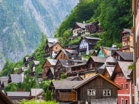 old wooden houses on the mountainside in Hallstatt in Austria