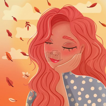 Foto de Hermosa chica pelirroja apoyada en su mano con los ojos cerrados, soñando despierto, con hojas de otoño cayendo y nubes. Colorida ilustración. - Imagen libre de derechos