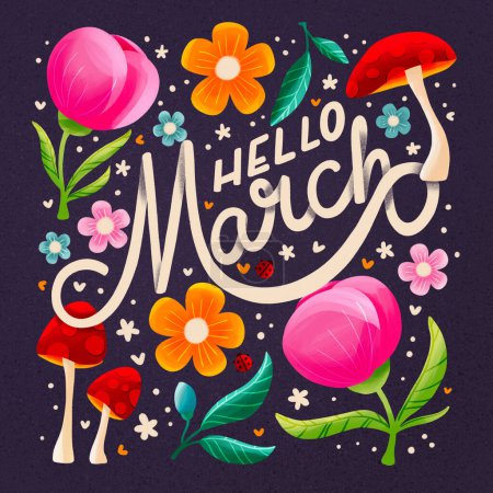 Téléchargez les photos : Hand lettering Hello March spring illustration. Flowers, mushrooms and drawn letters. Colorful botanical illustration. - en image libre de droit