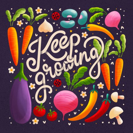 Téléchargez les photos : Hand lettering keep growing spring illustration. Vegetables and drawn letters in vibrant colors. Colorful spring illustration. - en image libre de droit