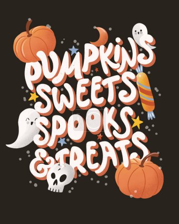 Photo for Happy Halloween illustration with hand lettering message and cute ghosts and pumpkins, dark - Royalty Free Image