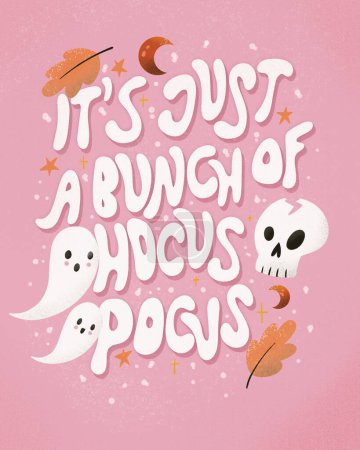 Foto de Feliz ilustración de Halloween con mensaje de letras a mano y fantasmas lindos, cráneo y decoración. Es sólo un montón de hocus-pocus - Imagen libre de derechos