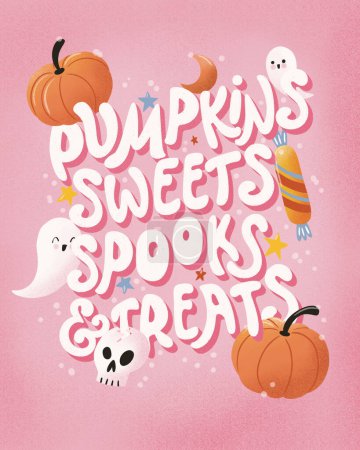 Téléchargez les photos : Joyeux Halloween illustration avec lettrage à la main message et fantômes mignons et citrouilles - en image libre de droit