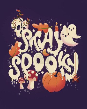 Photo for Happy Halloween illustration with hand lettering message and cute ghosts, dark. Stay spooky! - Royalty Free Image