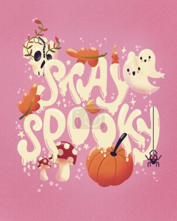 Photo for Happy Halloween illustration with hand lettering message and cute ghosts. Stay spooky! - Royalty Free Image