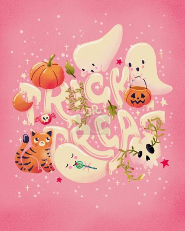 Photo for Happy Halloween illustration with hand lettering message and cute ghosts, cat, skull and pumpkins, pink. Trick or treat. - Royalty Free Image