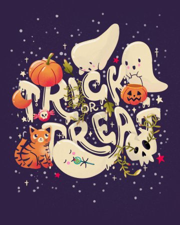 Photo for Happy Halloween illustration with hand lettering message and cute ghosts, cat, skull and pumpkins, dark. Trick or treat. - Royalty Free Image
