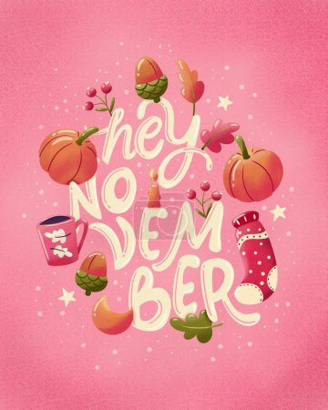 Photo for Winter holiday cars illustration with hand lettering and cute pumpkins, socks, leaves and moon. Pink background. - Royalty Free Image