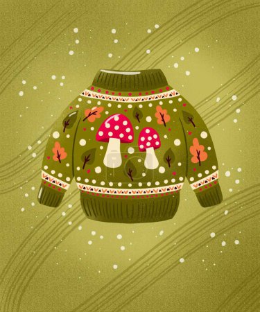 Photo for Christmas holiday sweater with cute mushrooms and leaves. Colorful winter festive illustration. - Royalty Free Image