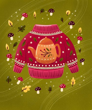 Téléchargez les photos : Pull de Noël avec bouilloire, feuilles et champignons. Illustration festive d'hiver colorée. - en image libre de droit