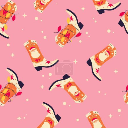 Téléchargez les photos : Bottes de cow-boy de Noël avec Père Noël et lumières de Noël sur fond rose, motif sans couture. Jolie illustration de vacances d'hiver festives. Conception colorée lumineuse. - en image libre de droit