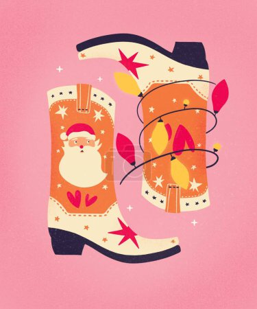 Téléchargez les photos : Bottes de cow-boy de Noël avec le Père Noël et lumières de Noël sur fond rose. Jolie illustration de carte de voeux de vacances d'hiver festive. Conception colorée lumineuse. - en image libre de droit