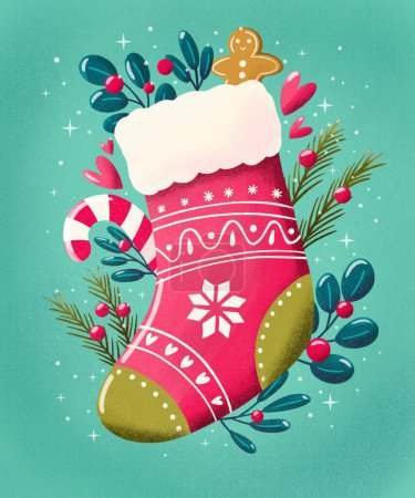 Photo for Christmas stocking with decoration on mint background. Cute festive winter holiday illustration. Bright colorful pink and blue design. - Royalty Free Image