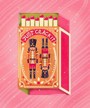 Foto de Dos nutcrackers coloridos en una caja de fósforos con letras de mano sobre un fondo rosa. Colorido invierno festivo Feliz Navidad ilustración - Imagen libre de derechos