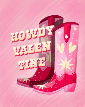 Photo for A pair of cowboy boots decorated with hearts and stars and a hand lettering message Howdy Valentine. Romantic colorful hand drawn illustration in bright vibrant colors. Greeting card design. - Royalty Free Image