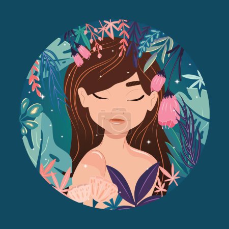 Ilustración de Hermosa chica de cabello castaño con los ojos cerrados, rodeada de plantas exóticas, en su propia burbuja. Ilustración colorida. Vector. - Imagen libre de derechos