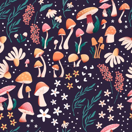 Illustration for Mushroom and flower seamless pattern with beautiful florals, leaves and buds. Beautiful woodland garden in nature. Colorful vector illustration. - Royalty Free Image