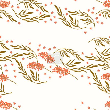 Illustration for Trendy floral seamless pattern with leaves, buds, flowers and berries. Flower background illustration. Spring plants in elegant style. Colorful vector illustration. - Royalty Free Image