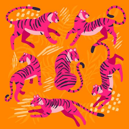 Illustration for Collection of cute hand drawn bright pink tigers on orange background, standing, sitting, running and walking with exotic plants and abstract elements. Colorful vector illustration - Royalty Free Image