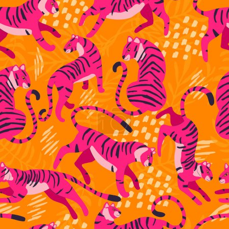 Téléchargez les illustrations : Modèle sans couture avec tigre exotique dessiné à la main grand chat, en rose vif, avec des plantes tropicales et des éléments abstraits sur fond orange vif. Illustration vectorielle plate colorée - en licence libre de droit