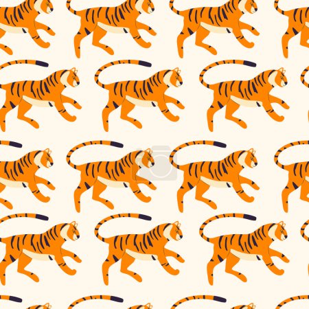 Ilustración de Patrón sin costuras con tigre de gato grande dibujado a mano, sobre fondo crema. Ilustración de vector plano colorido - Imagen libre de derechos