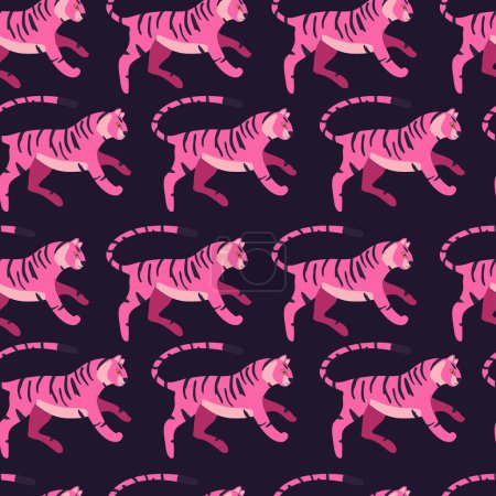 Ilustración de Patrón sin costuras con tigre de gato grande dibujado a mano, en rosa brillante, sobre fondo púrpura. Ilustración de vector plano colorido - Imagen libre de derechos