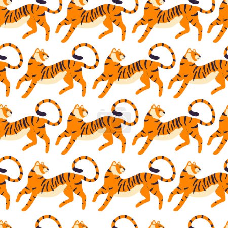 Ilustración de Patrón sin costuras con tigre de gato grande dibujado a mano, sobre fondo crema. Ilustración de vector plano colorido - Imagen libre de derechos