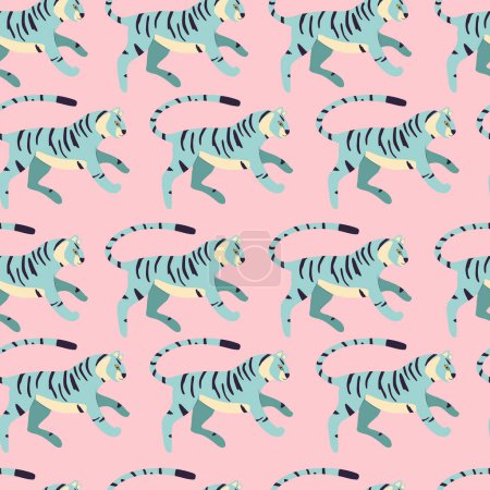 Téléchargez les illustrations : Modèle sans couture avec tigre exotique dessiné à la main grand chat, en bleu clair, sur fond rose vif. Illustration vectorielle plate colorée - en licence libre de droit