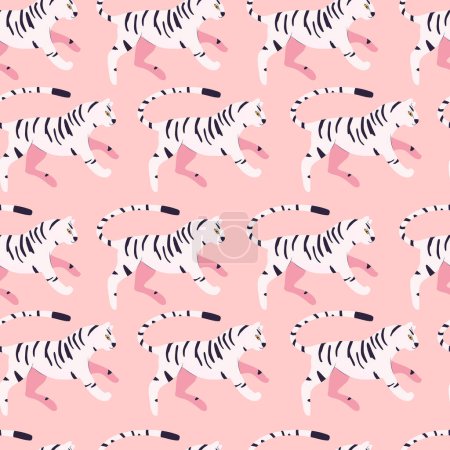 Téléchargez les illustrations : Motif sans couture avec tigre blanc exotique grand chat dessiné à la main, sur fond rose vif. Illustration vectorielle plate colorée - en licence libre de droit