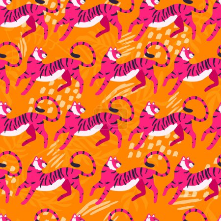 Téléchargez les illustrations : Modèle sans couture avec tigre exotique dessiné à la main grand chat, en rose vif sur fond orange vif. Illustration vectorielle plate colorée - en licence libre de droit