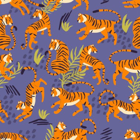 Ilustración de Patrón sin costuras con tigre de gato grande dibujado a mano, con plantas tropicales y elementos abstractos sobre fondo púrpura. Ilustración de vector plano colorido - Imagen libre de derechos